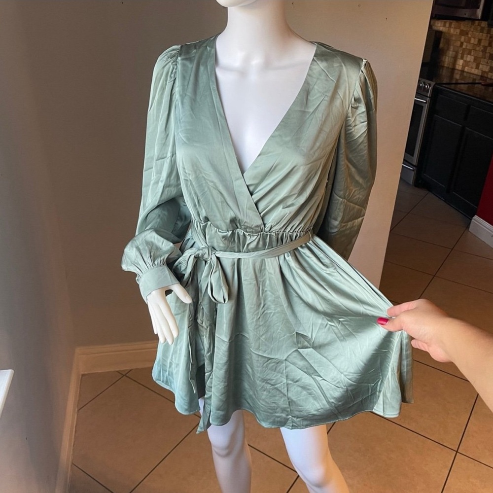 Forever 21 Sage Green Satin Wrap Mini Dress
